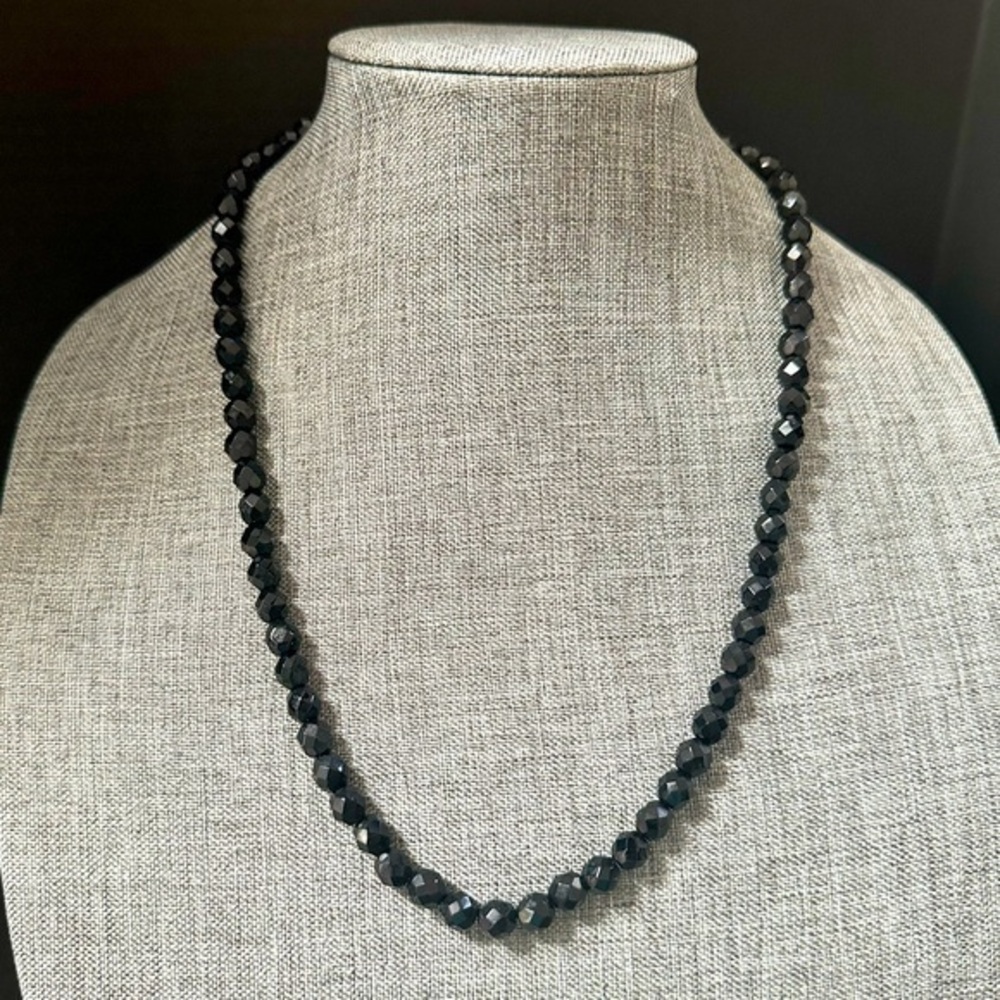 Vintage Black Glass Faceted Bead Strand Necklace 24”